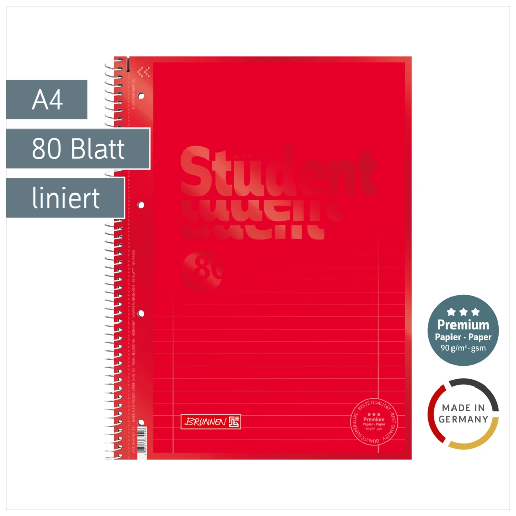 Collegeblock Premium Student Colour Code | A4, Lineatur 27, 80 Blatt, red