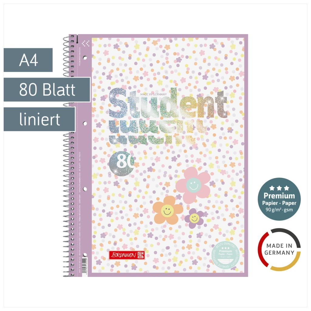 Collegeblock Premium Student Happy Hippie | A4, Lineatur 27, 80 Blatt, mehrfarbig, pastell