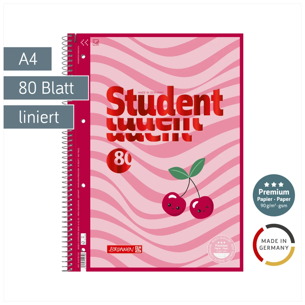 Collegeblock Premium Student Fruity Love | A4, Lineatur 27, 80 Blatt, rosa/mehrfarbig