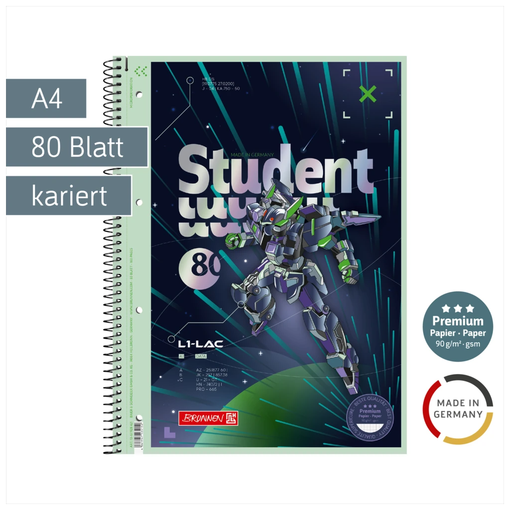 Collegeblock Premium Student Robot Heroes | A4, Lineatur 28, 80 Blatt, dunkelblau/mint