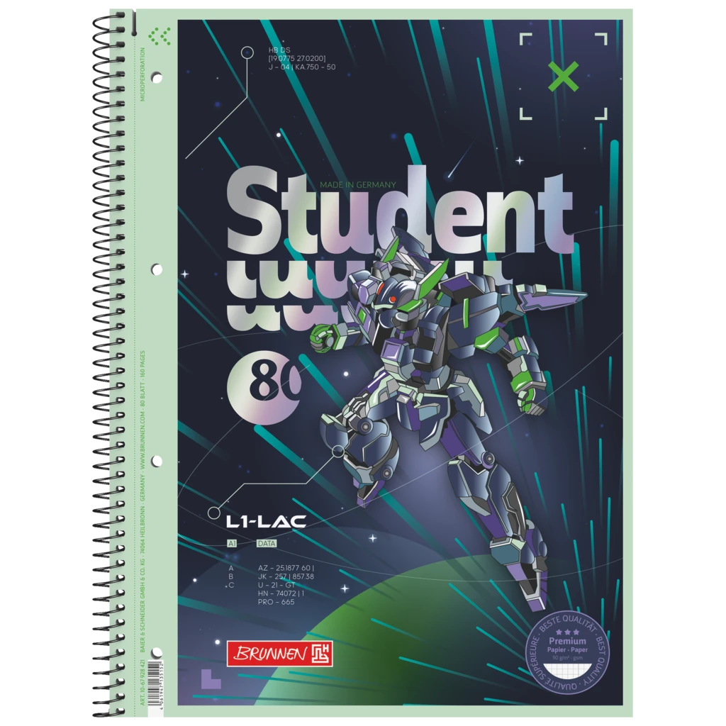 Collegeblock Premium Student Robot Heroes | A4, Lineatur 28, 80 Blatt, dunkelblau/mint