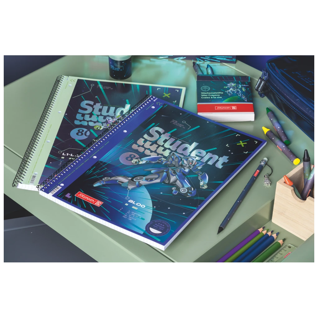 Collegeblock Premium Student Robot Heroes | A4, Lineatur 28, 80 Blatt, dunkelblau/mint