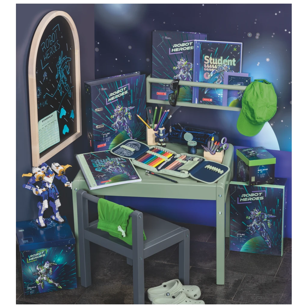 Collegeblock Premium Student Robot Heroes | A4, Lineatur 28, 80 Blatt, dunkelblau/mint