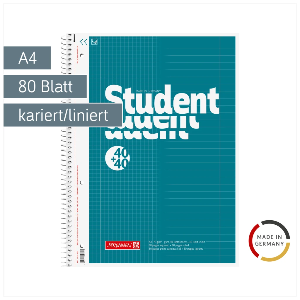 Collegeblock Student „DUO“ | A4, kariert/liniert, 80 Blatt, petrol