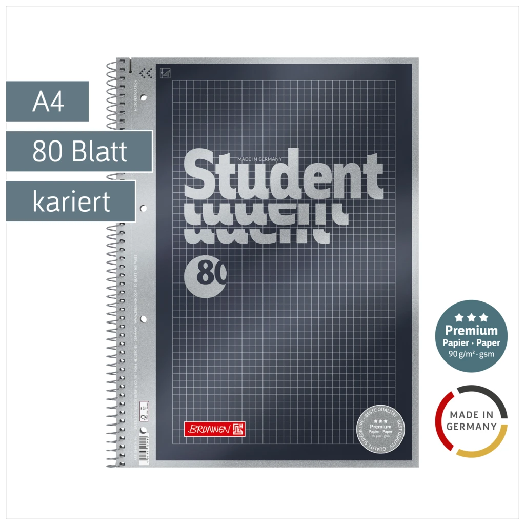 Collegeblock Premium Student | A4, kariert, 80 Blatt, anthrazit