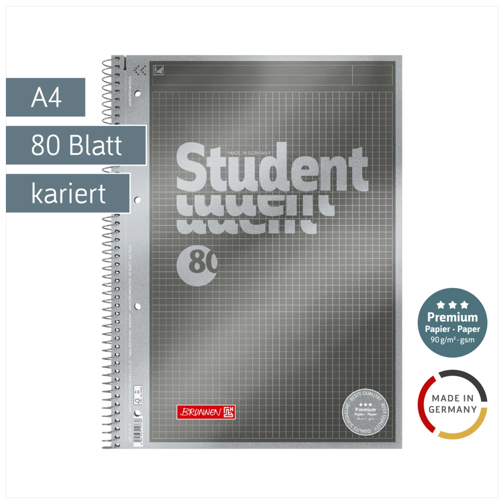 Collegeblock Premium Student „Protokoll“ | A4, kariert, 80 Blatt, anthrazit