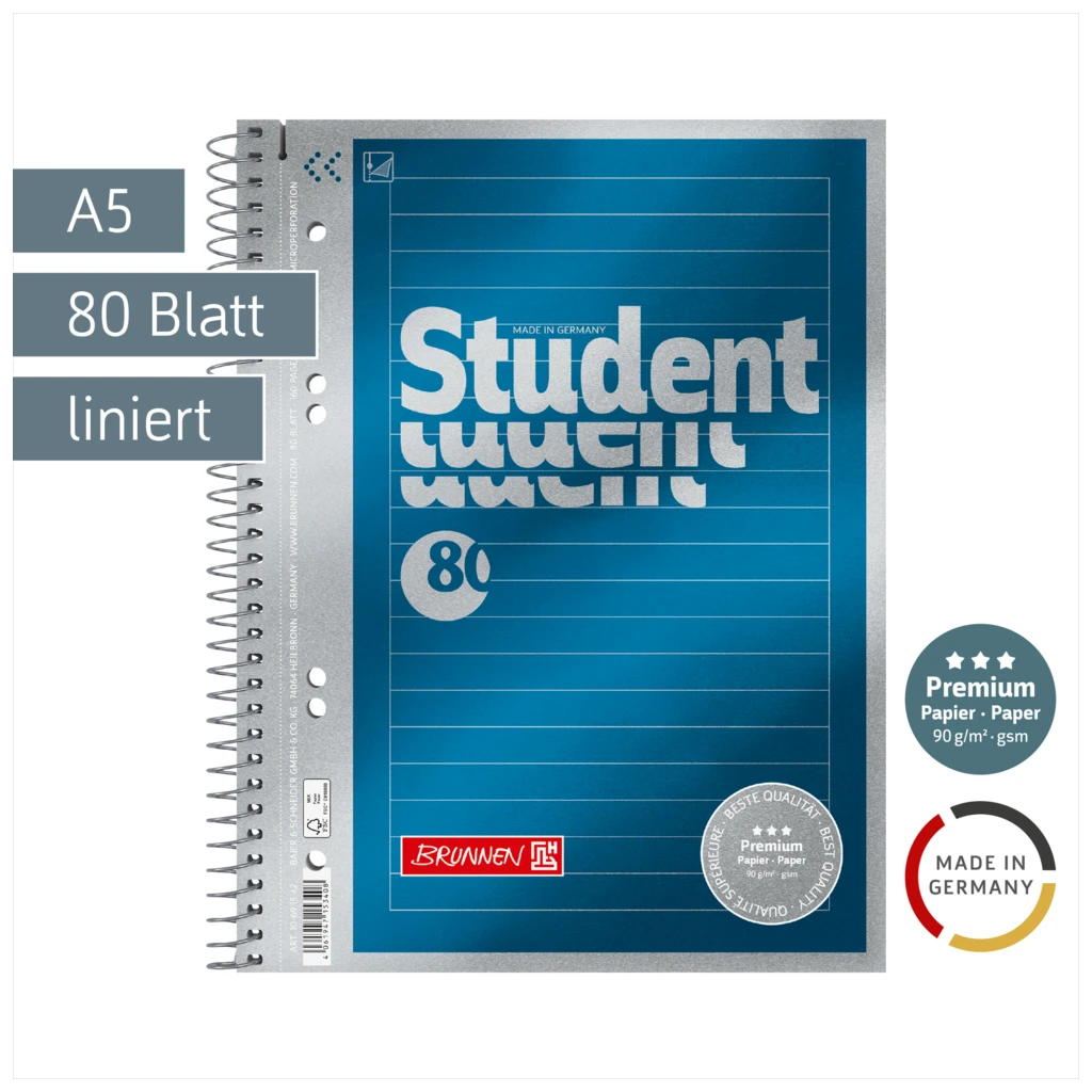 Collegeblock Premium Student | A5, liniert, 80 Blatt, blau