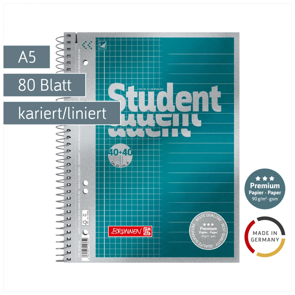 Collegeblock Premium Student „DUO“ | A5, kariert/liniert, 80 Blatt, petrol