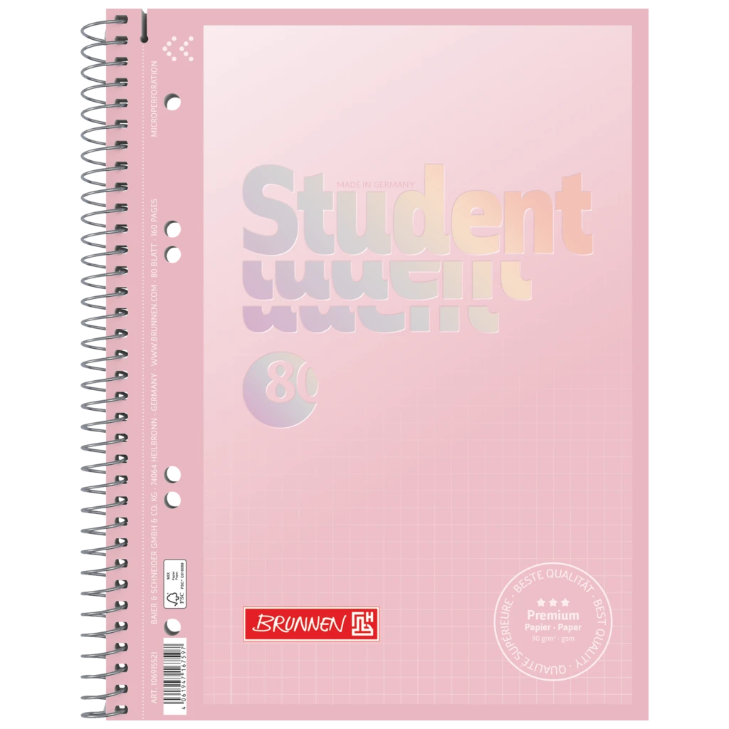 Collegeblock Premium Student „Pastell“ | A5, Lineatur 5, 80 Blatt, pastellrosa