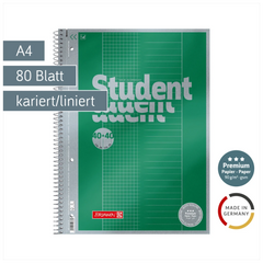 Collegeblock Premium Student „DUO“ | A4, kariert/liniert, 80 Blatt, grün