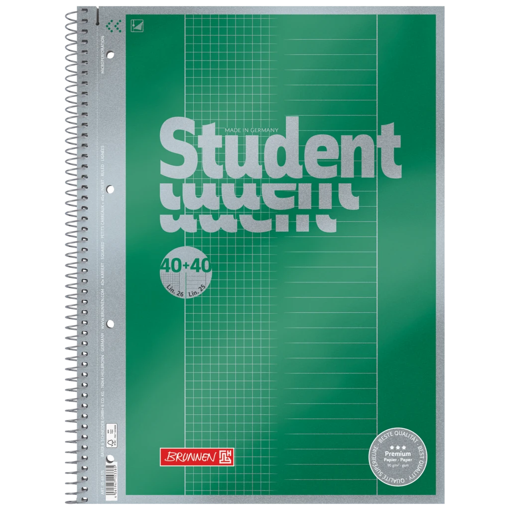 Collegeblock Premium Student „DUO“ | A4, kariert/liniert, 80 Blatt, grün