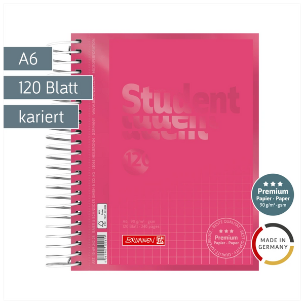 Collegeblock Premium Student Colour Code | A6, kariert, 120 Blatt, tulip