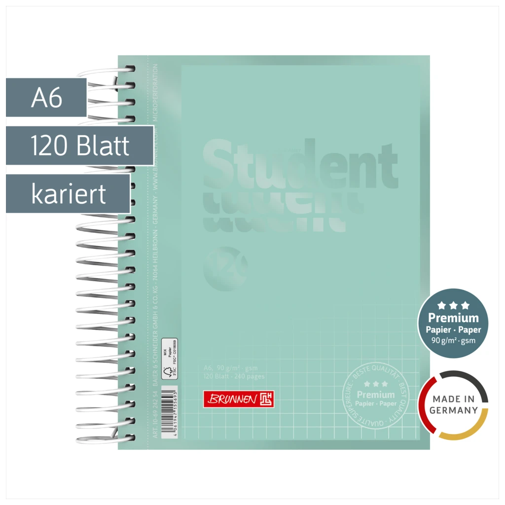 Collegeblock Premium Student Colour Code | A6, kariert, 120 Blatt, mint