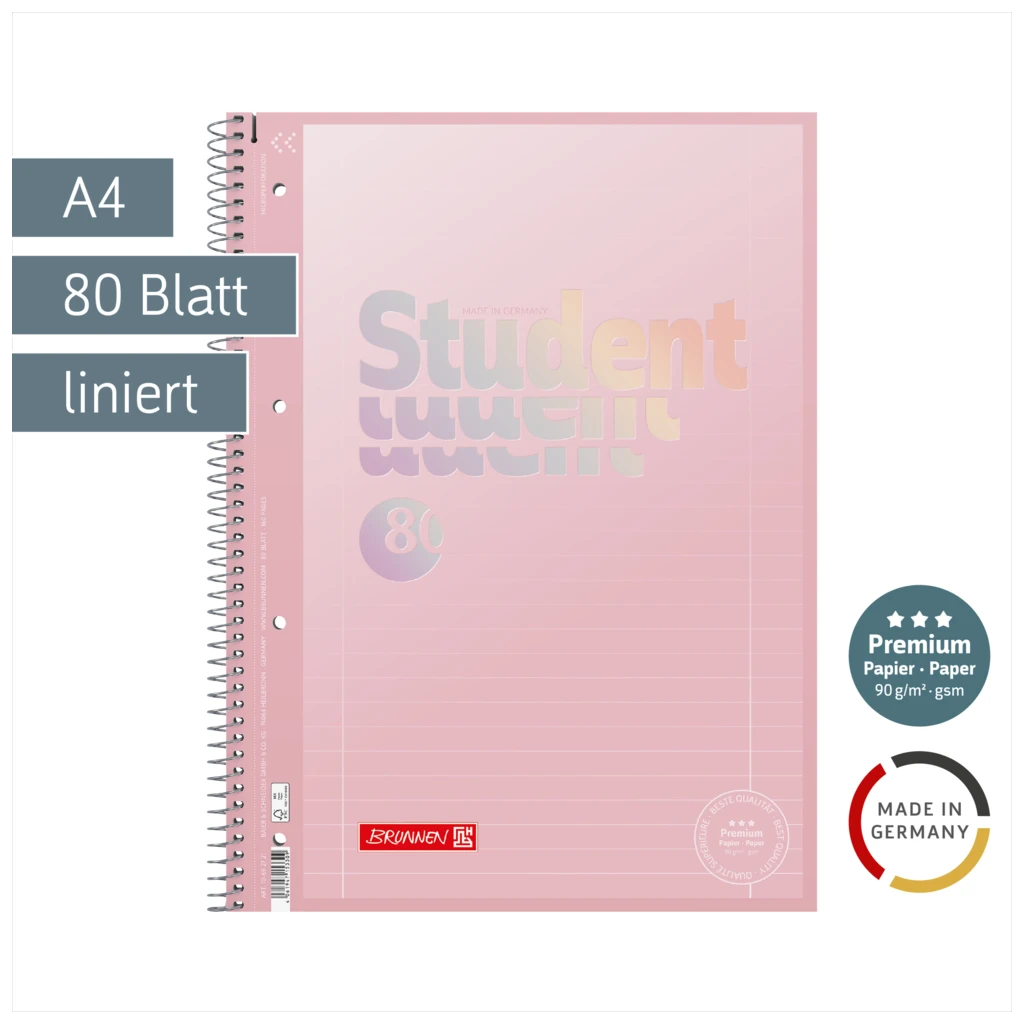 Collegeblock Premium Student | A4, Lineatur 27, 80 Blatt, pastellrosa