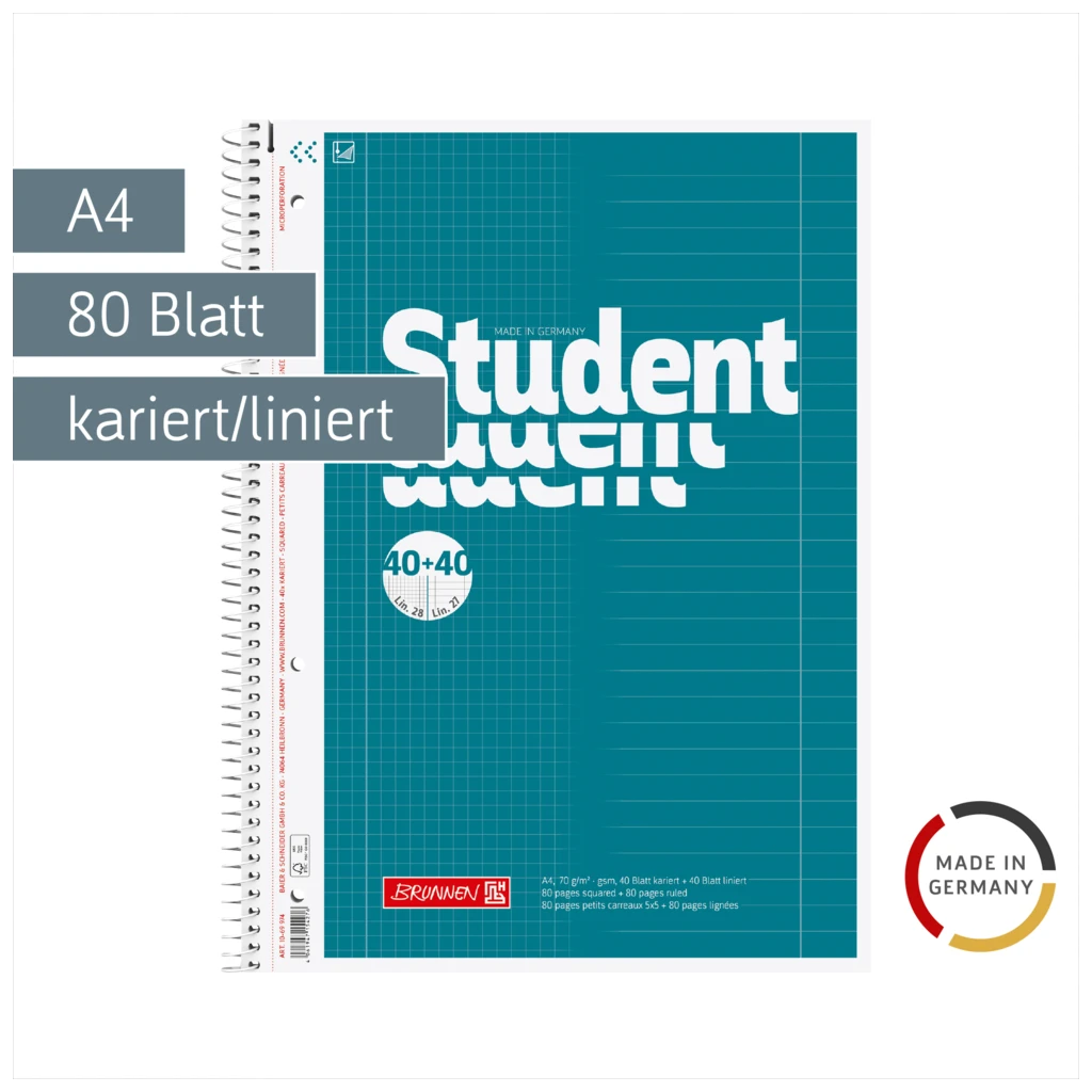 Collegeblock Student „DUO“ | A4, kariert/liniert, 80 Blatt, petrol