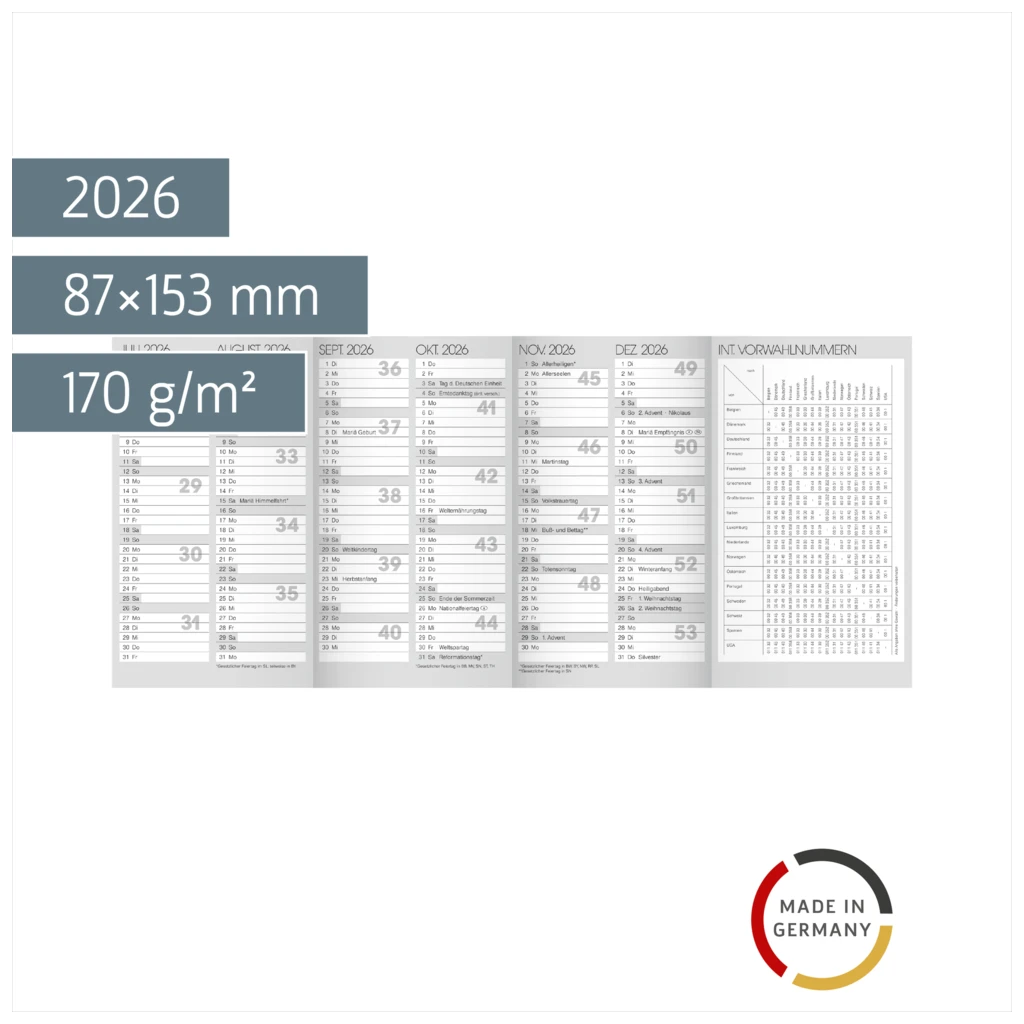 Jahresübersicht 2026 | 87×153 mm