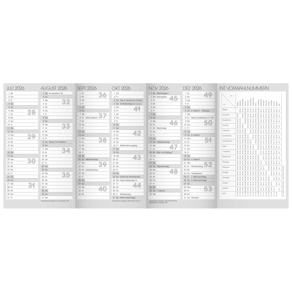 Jahresübersicht 2026 | 87×153 mm