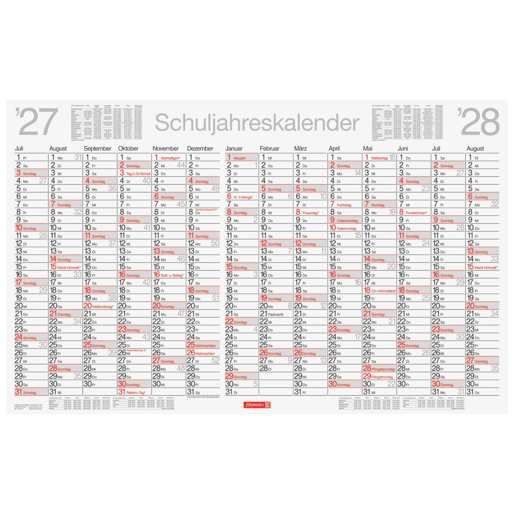 Schuljahreskalender 2027/2028 abwischbar | 75×47 cm