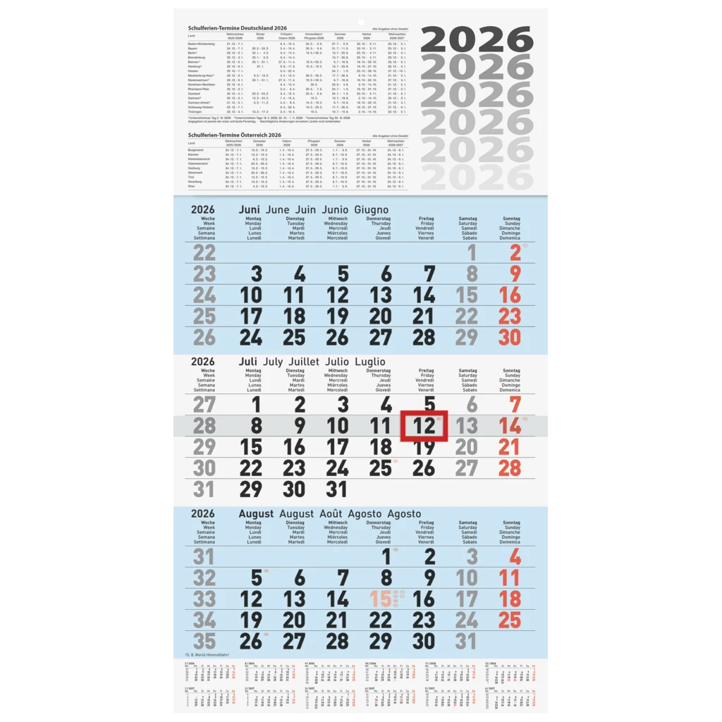3-Monatskalender 2026 | blau, 300×560 mm