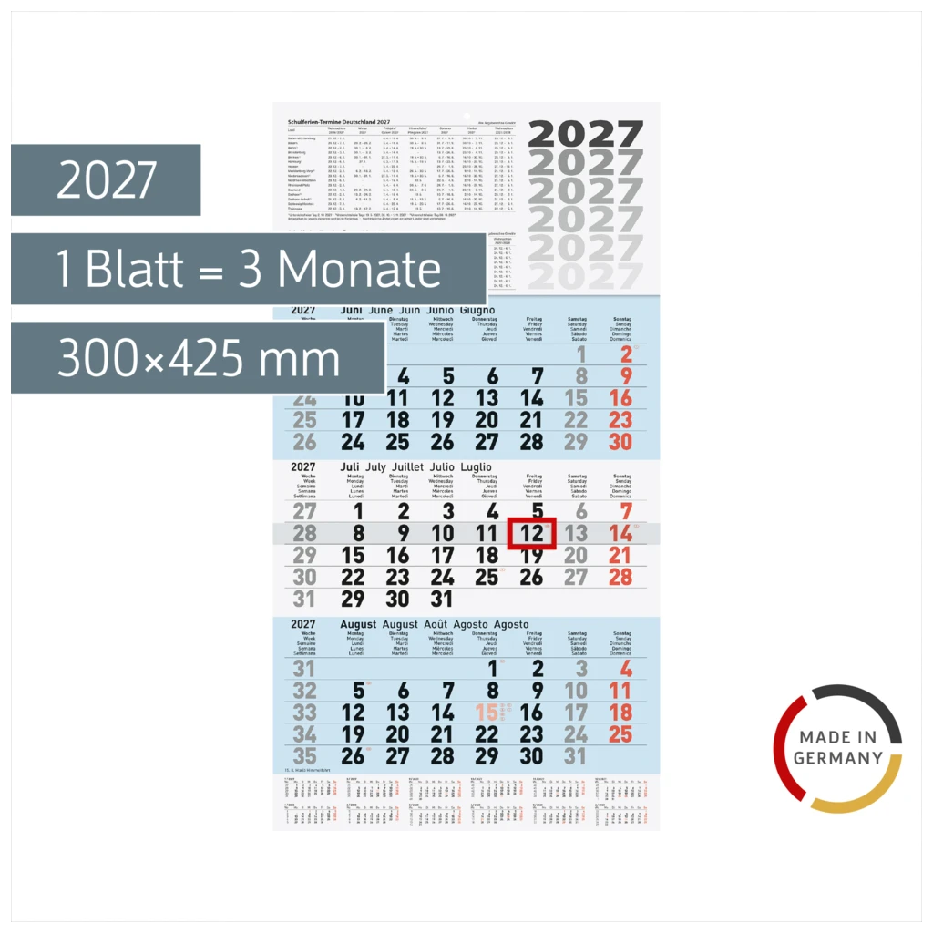 3-Monatskalender 2027 | blau, 300×560 mm