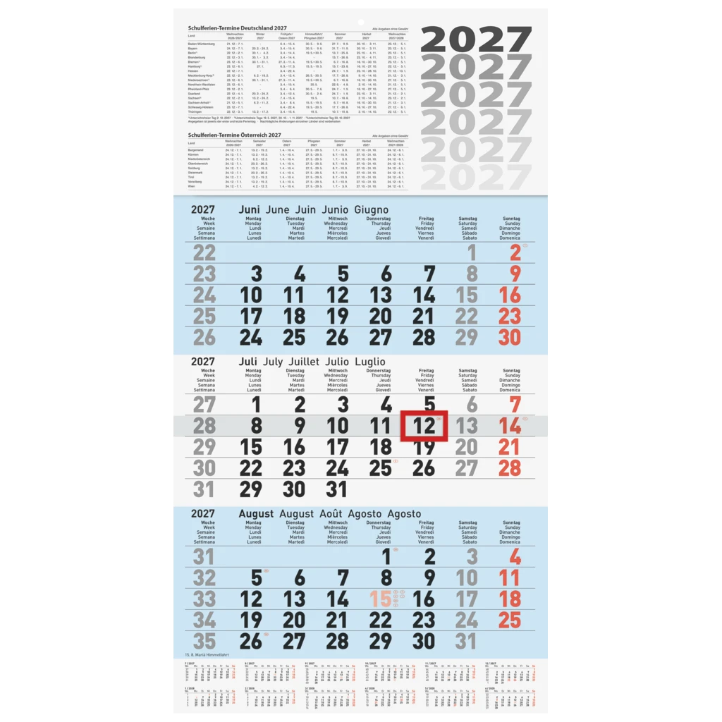 3-Monatskalender 2027 | blau, 300×560 mm