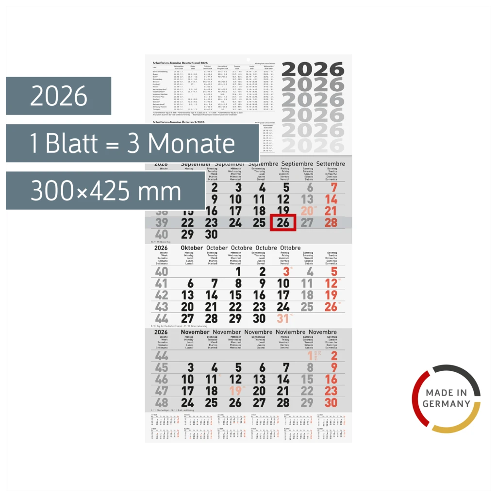 3-Monatskalender 2026 | grau, 300×560 mm