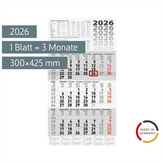3-Monatskalender 2026 | grau, 300×560 mm