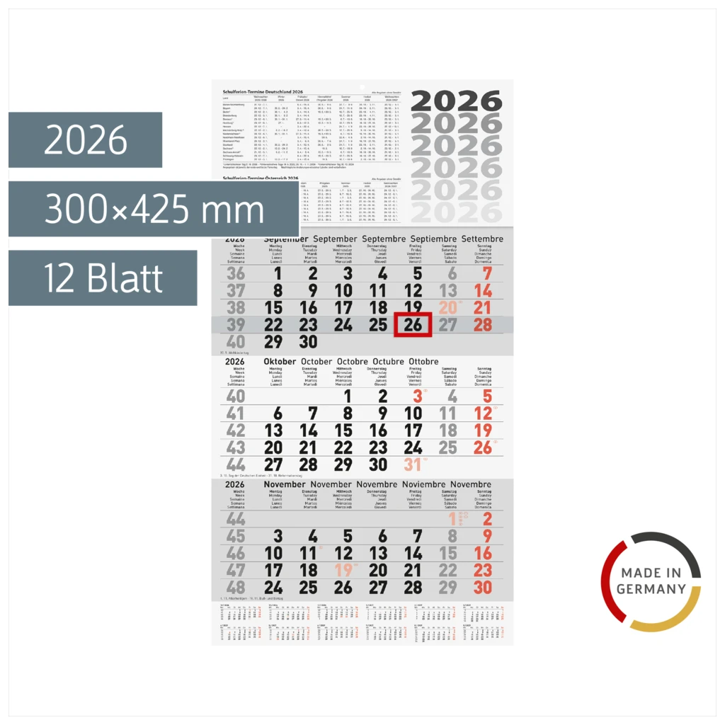 3-Monatskalender 2026 | grau, 300×560 mm