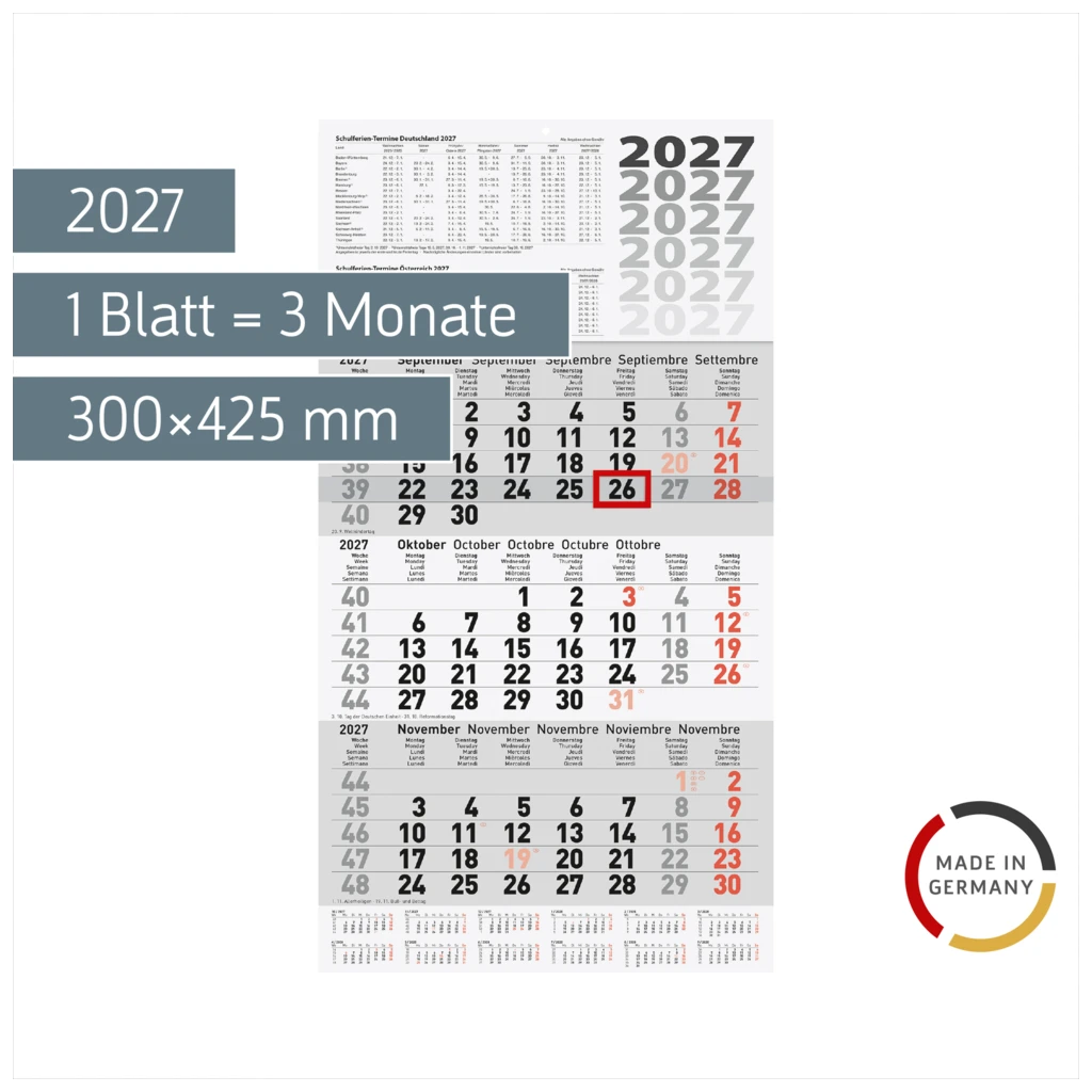 3-Monatskalender 2027 | grau, 300×560 mm