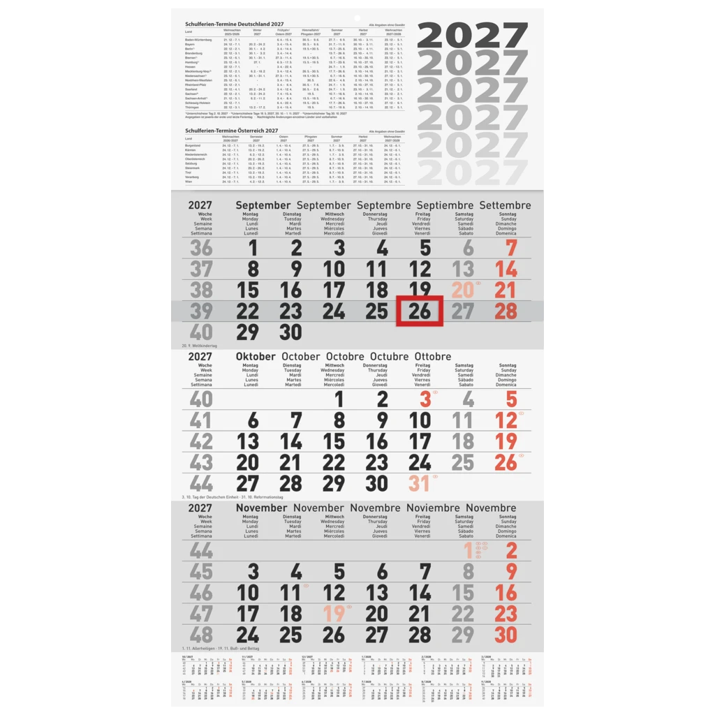 3-Monatskalender 2027 | grau, 300×560 mm