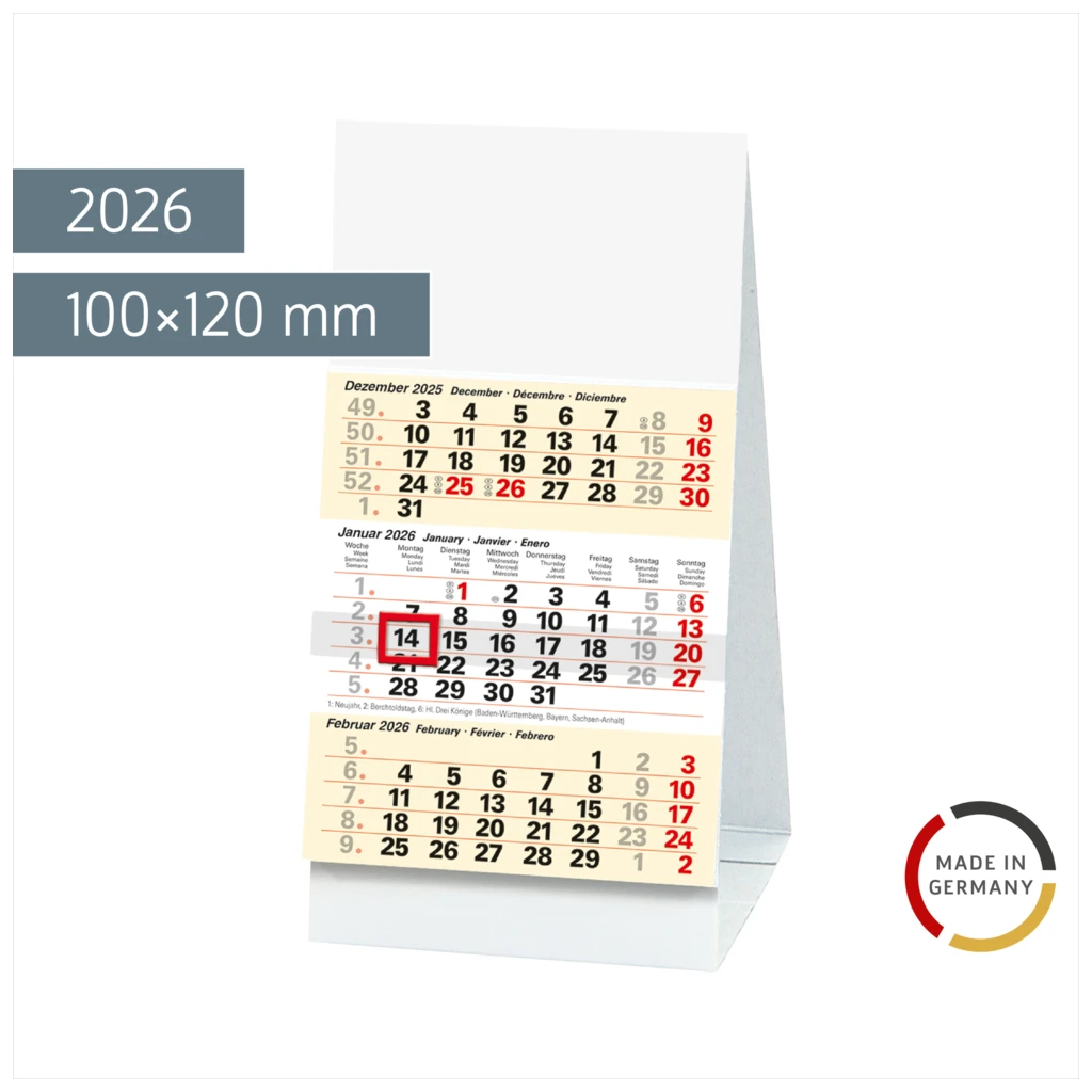 3-Monats-Tischkalender 2026 | 100×120 mm, weiß/hellgelb