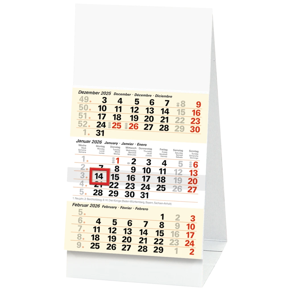 3-Monats-Tischkalender 2026 | 100×120 mm, weiß/hellgelb
