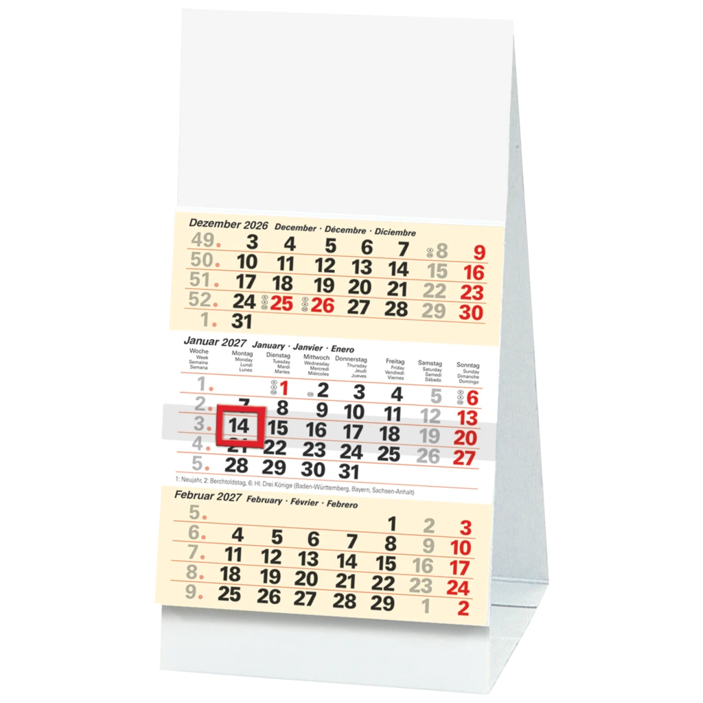 3-Monats-Tischkalender 2027 | 100×120 mm, weiß/hellgelb