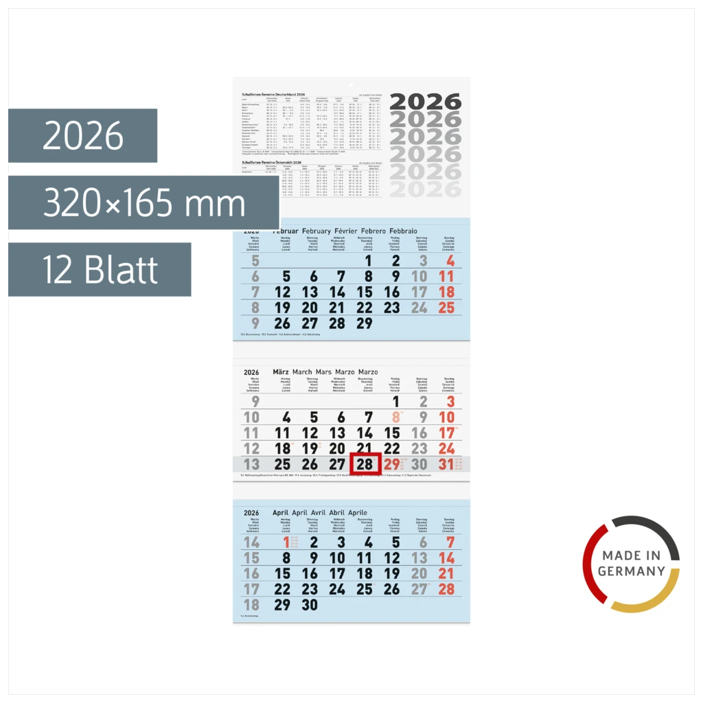 3-Monatskalender 2026 | blau, 320×740 mm