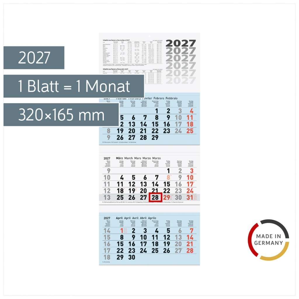 3-Monatskalender 2027 | blau, 320×740 mm
