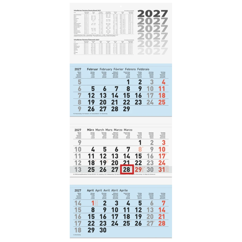 3-Monatskalender 2027 | blau, 320×740 mm