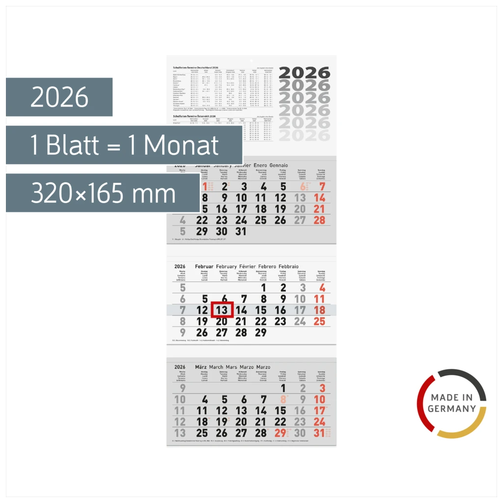3-Monatskalender 2026 | grau, 320×740 mm