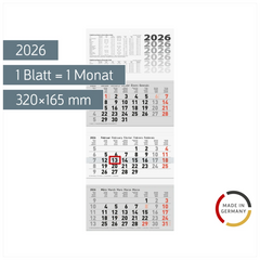 3-Monatskalender 2026 | grau, 320×740 mm