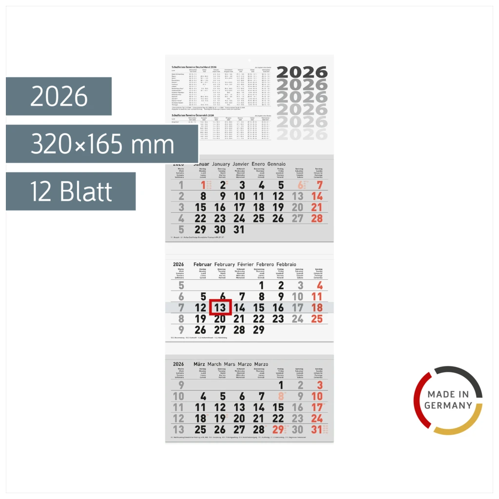 3-Monatskalender 2026 | grau, 320×740 mm