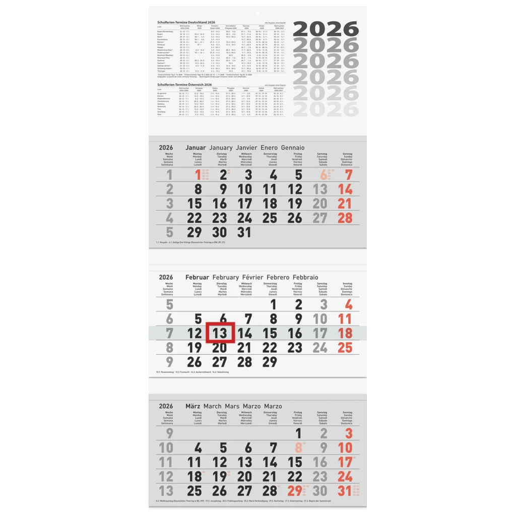 3-Monatskalender 2026 | grau, 320×740 mm