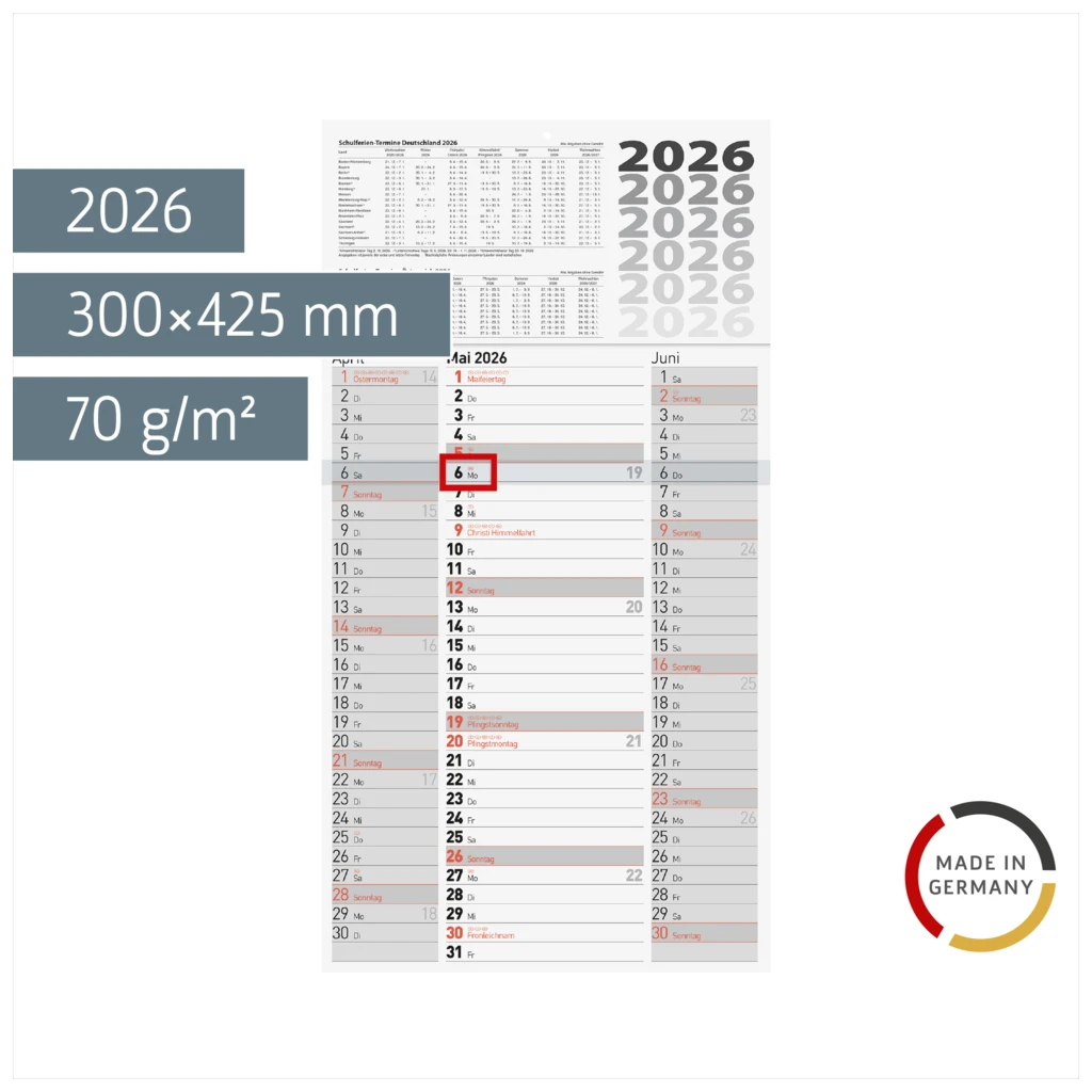 3-Monatskalender 2026 | grau, 300×560 mm