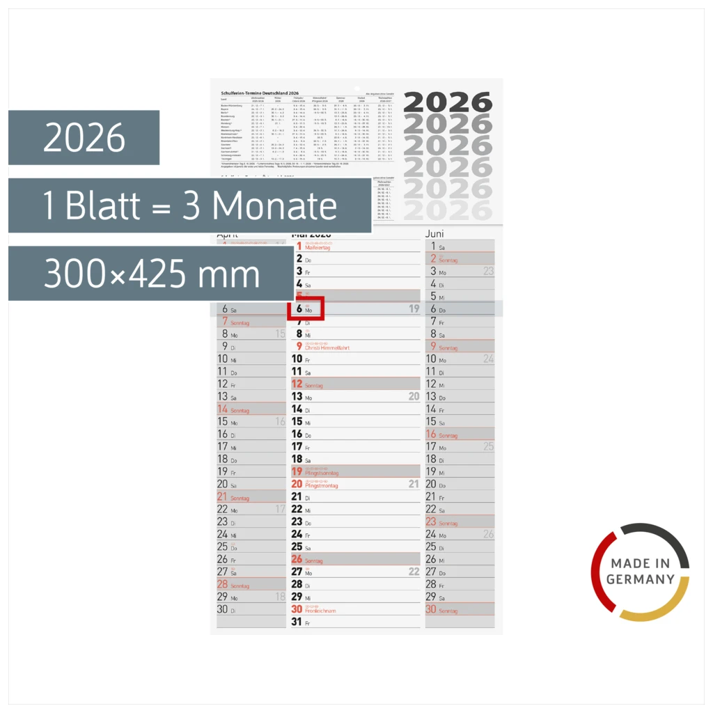 3-Monatskalender 2026 | grau, 300×560 mm