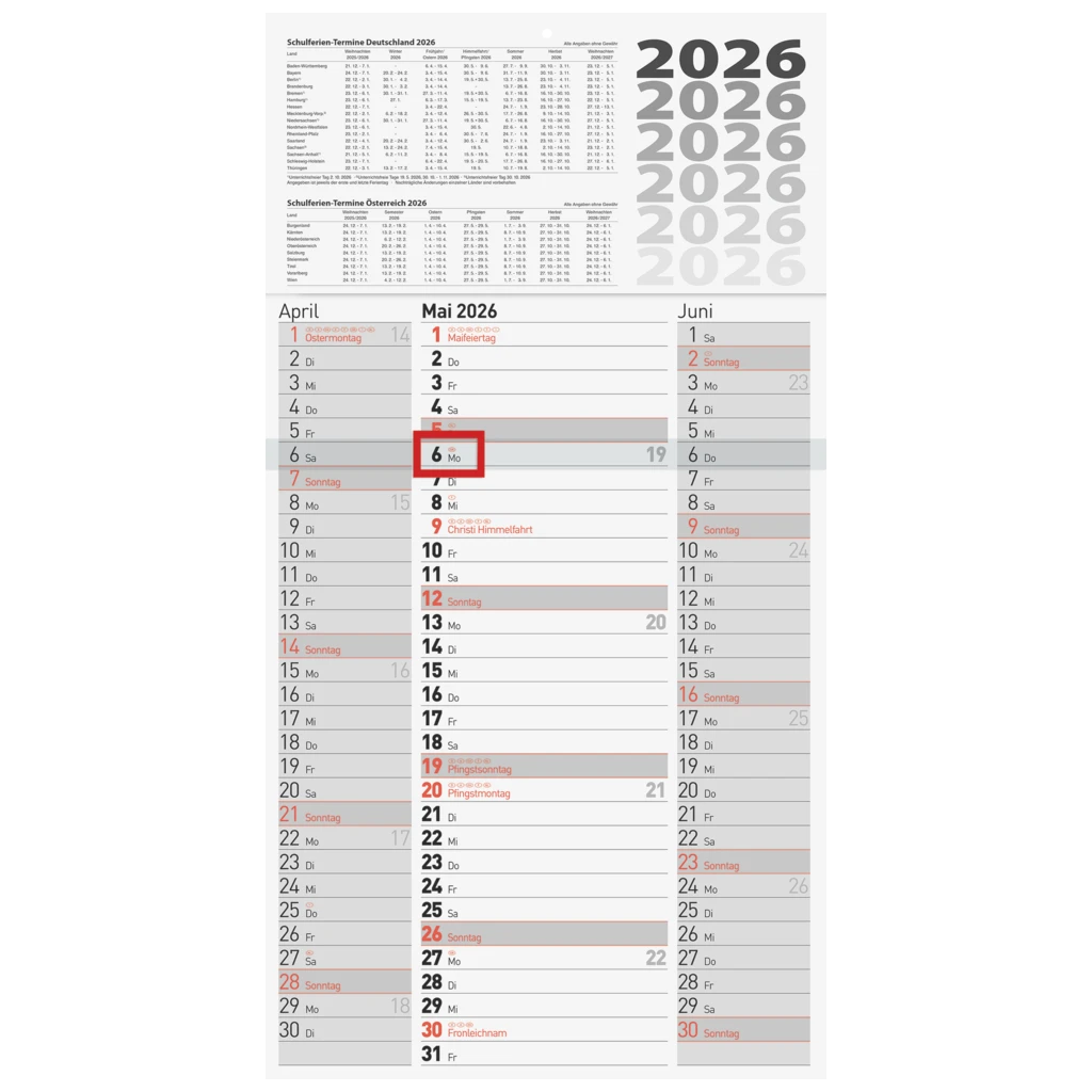 3-Monatskalender 2026 | grau, 300×560 mm