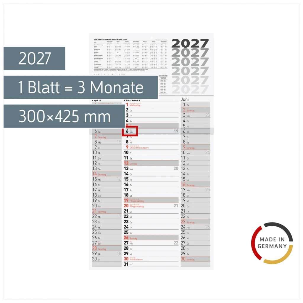 3-Monatskalender 2027 | grau, 300×560 mm