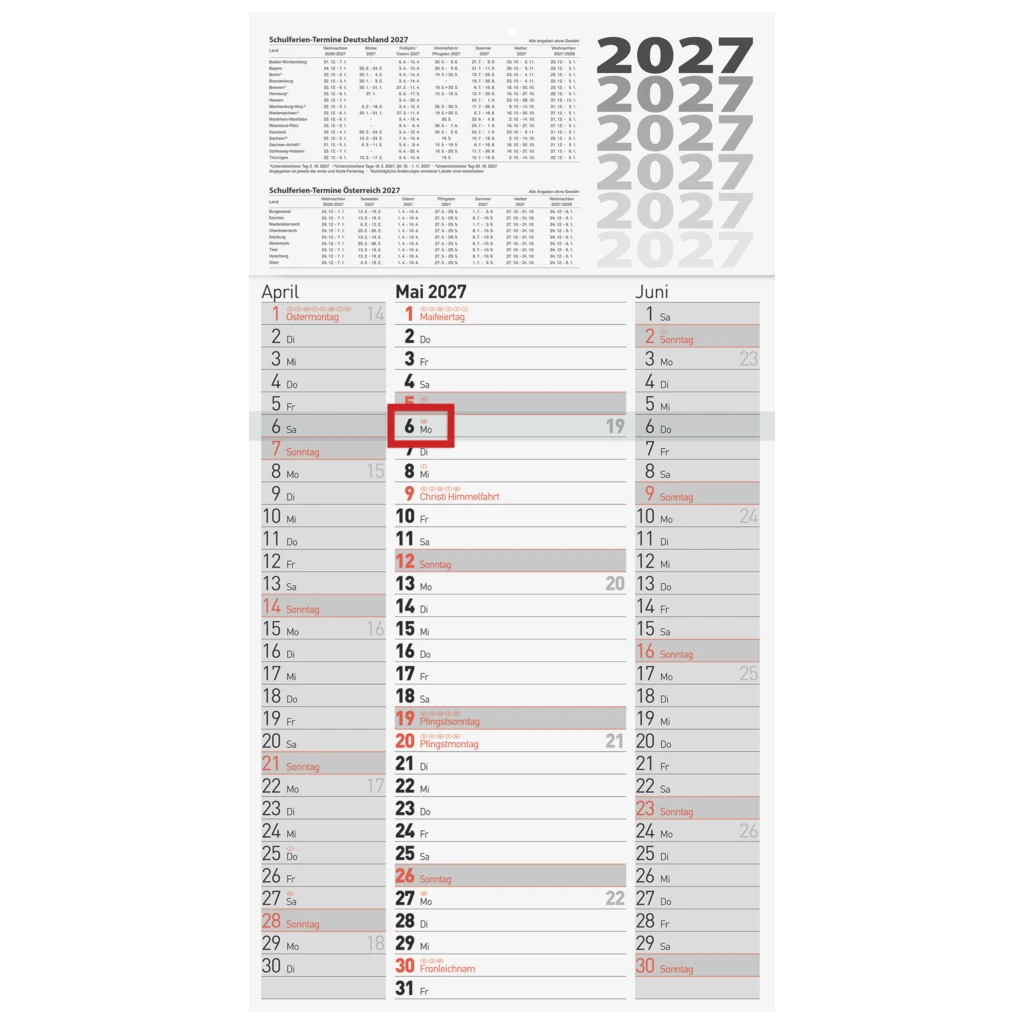 3-Monatskalender 2027 | grau, 300×560 mm