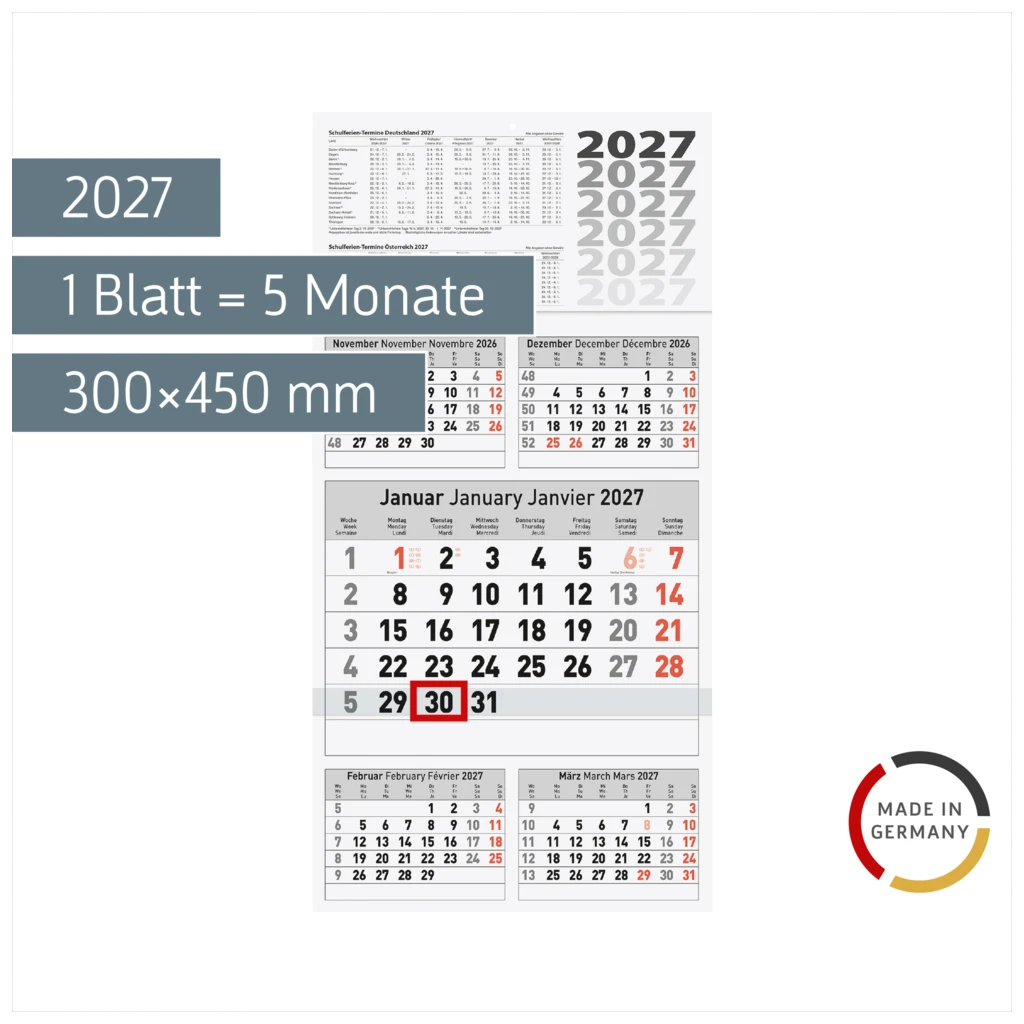 5-Monatskalender 2027 | 300×585 mm
