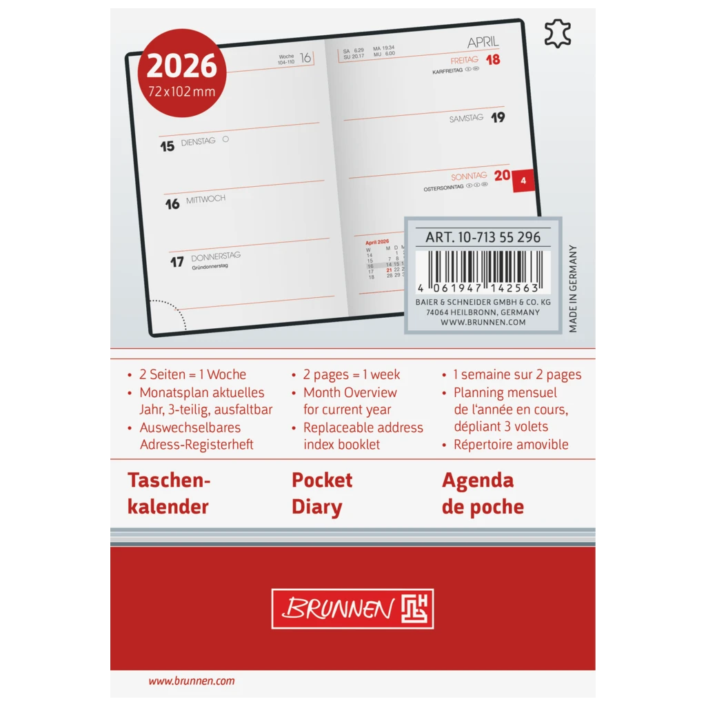 Taschenkalender Mod. 713 2026 | A7, Leder, bordeaux