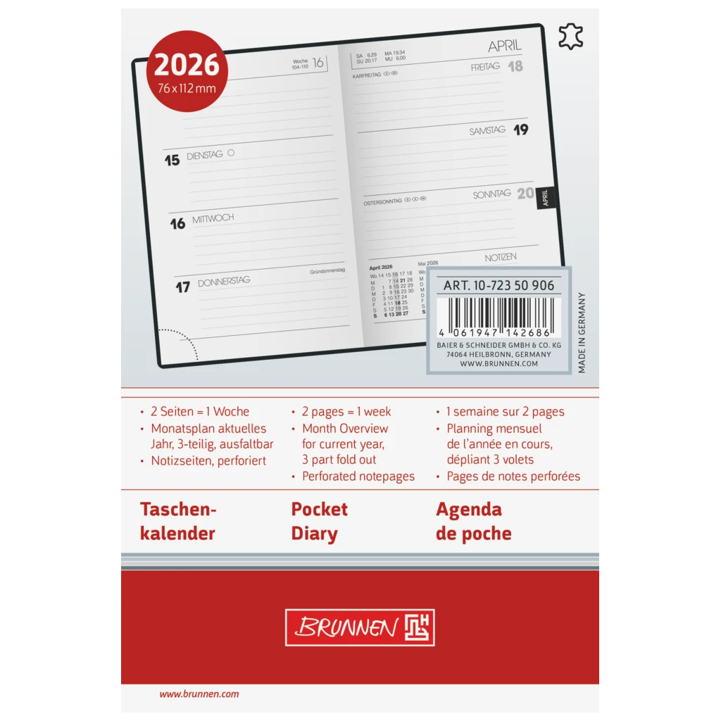 Taschenkalender Mod. 723 2026 | A7, Leder, schwarz