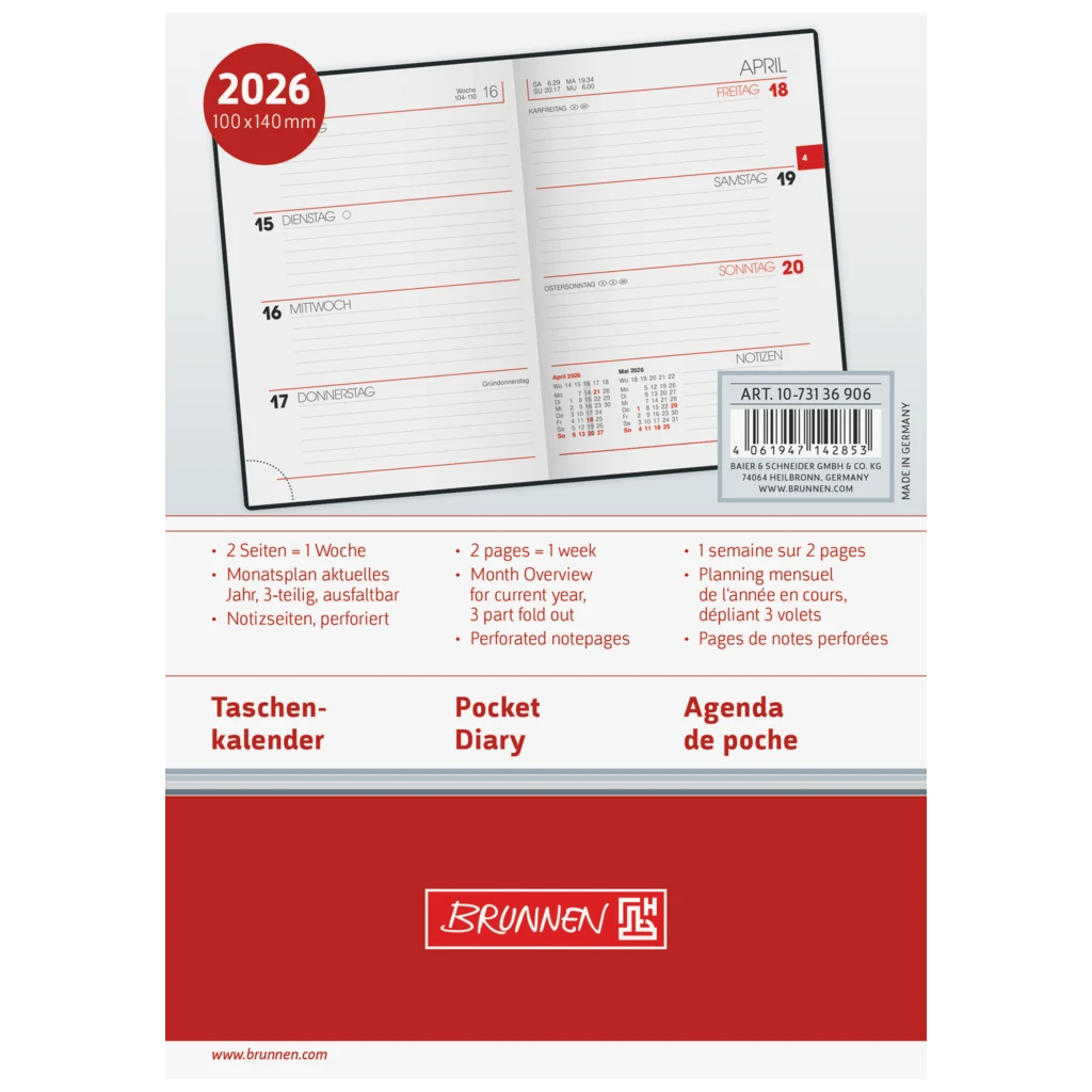 Taschenkalender Mod. 731 2026 | A6, Kunstleder, schwarz