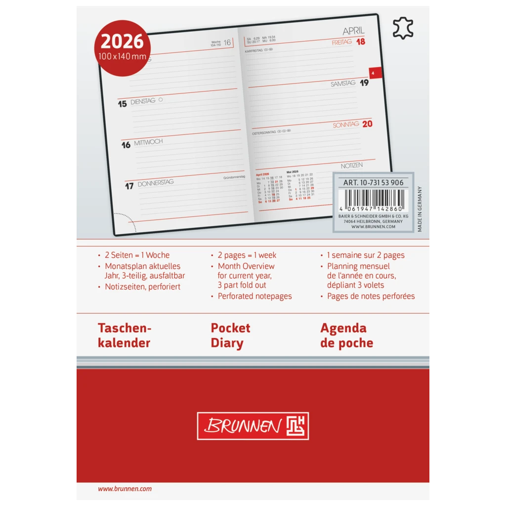 Taschenkalender Mod. 731 2026 | A6, Leder, schwarz